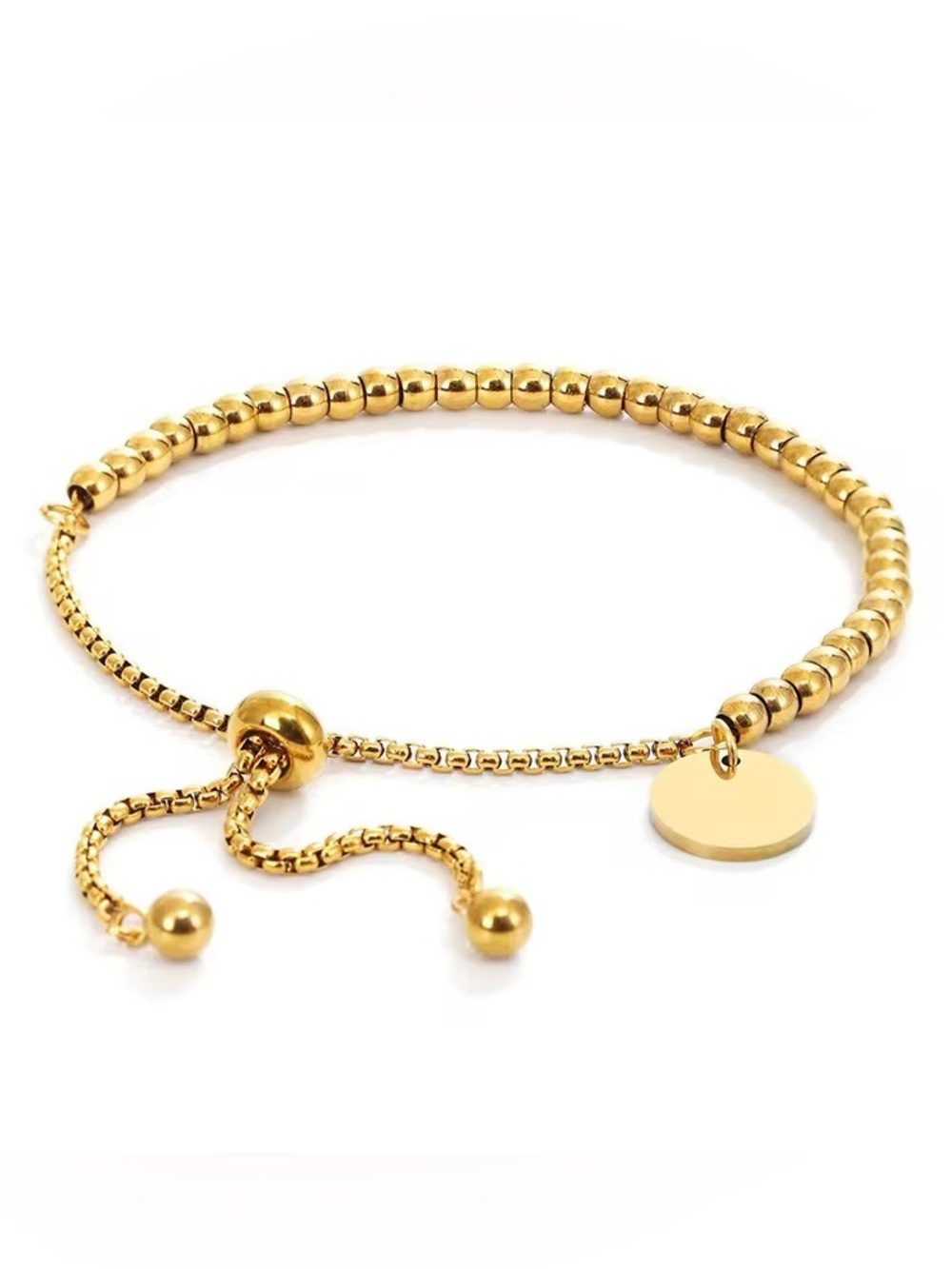 Adjustable Gold Bead Bracelet with Round Disc Charm